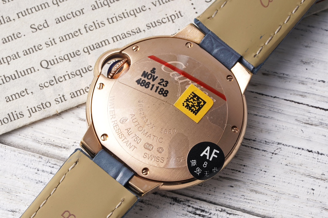 AF Factory Ballon Bleu Watch 33mm Rose Gold Diamond Case Rose Gold Dial Blue Leather Strap