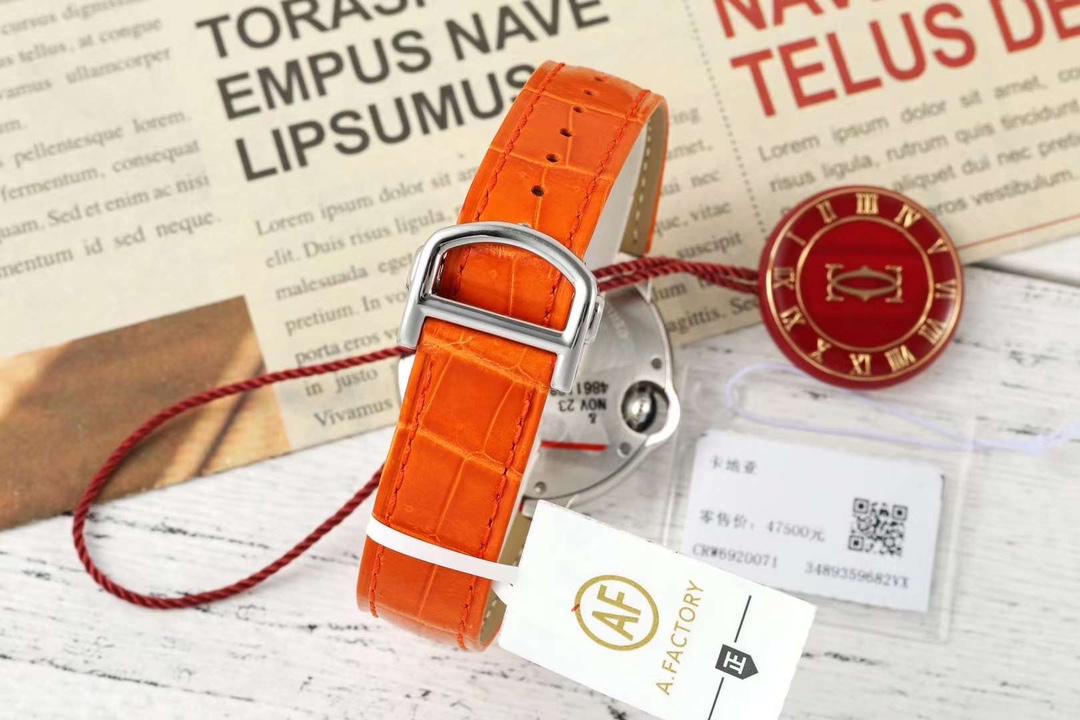 AF Factory Ballon Bleu Watch 33mm Silver Case White Dial Orange Leather Strap