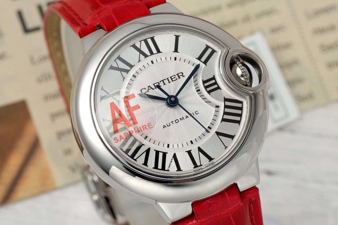 AF Factory Ballon Bleu Watch 33mm Silver Case Silver Dial Bright Red Leather Strap