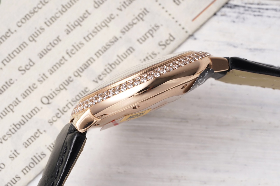 AF Factory Ballon Bleu Watch 33mm Rose Gold Diamond Case Black Leather Strap