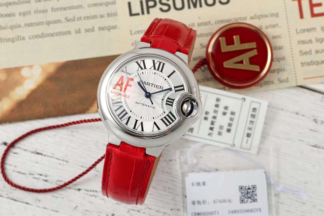 AF Factory Ballon Bleu Watch 33mm Silver Case Silver Dial Bright Red Leather Strap