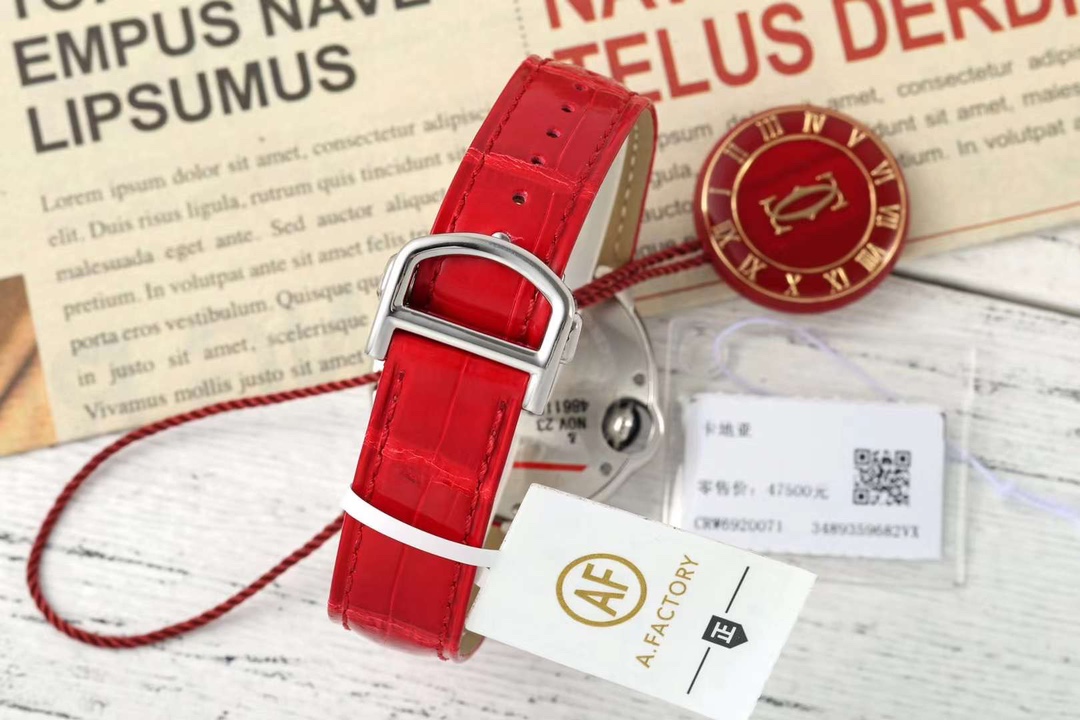 AF Factory Ballon Bleu Watch 33mm Silver Case Silver Dial Bright Red Leather Strap