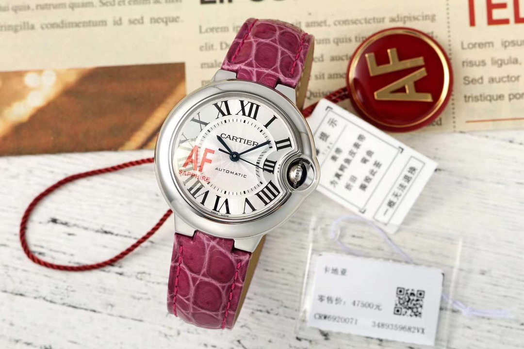 AF Factory Ballon Bleu Watch 33mm Silver Case Silver Dial Rose Red Leather Strap