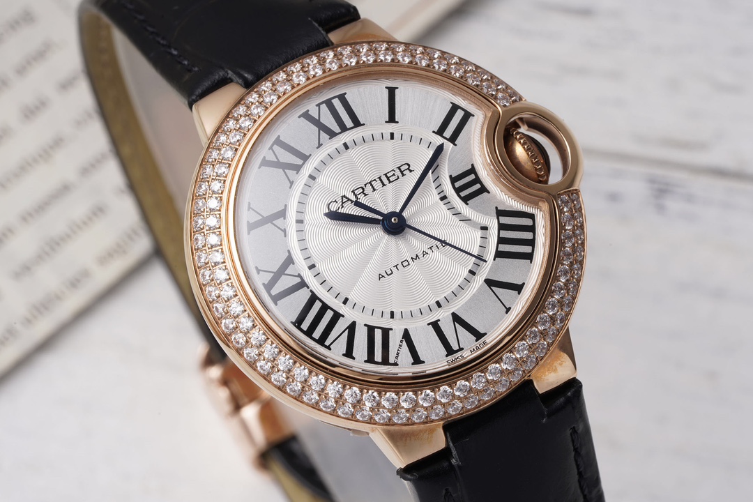 AF Factory Ballon Bleu Watch 33mm Rose Gold Diamond Case Black Leather Strap