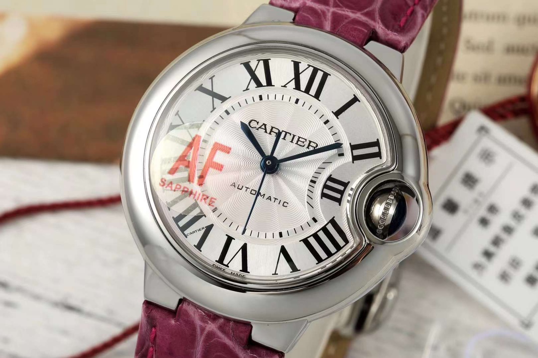 AF Factory Ballon Bleu Watch 33mm Silver Case Silver Dial Rose Red Leather Strap