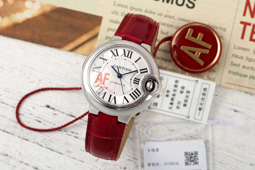 AF Factory Ballon Bleu Watch 33mm Silver Case Silver Dial Dark Red Leather Strap
