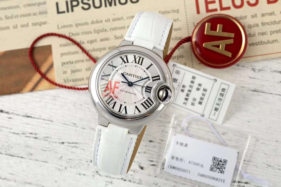 AF Factory Ballon Bleu Watch 33mm Silver Case Silver Dial White Leather Strap