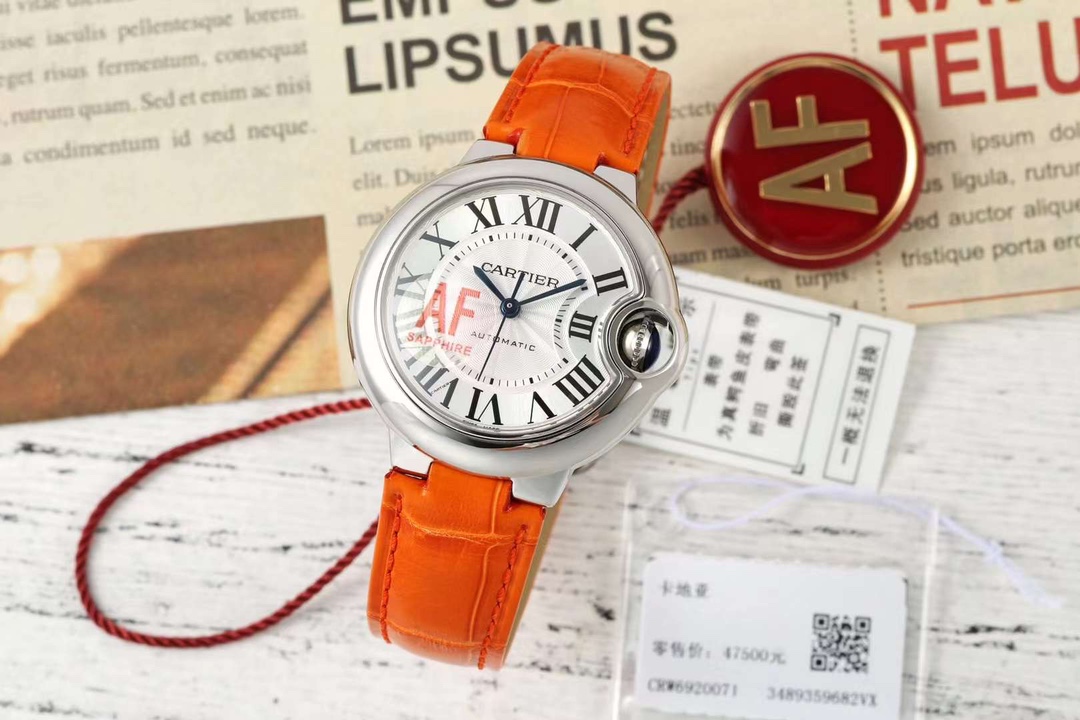 AF Factory Ballon Bleu Watch 33mm Silver Case White Dial Orange Leather Strap