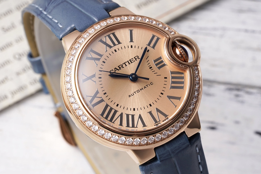 AF Factory Ballon Bleu Watch 33mm Rose Gold Diamond Case Rose Gold Dial Blue Leather Strap