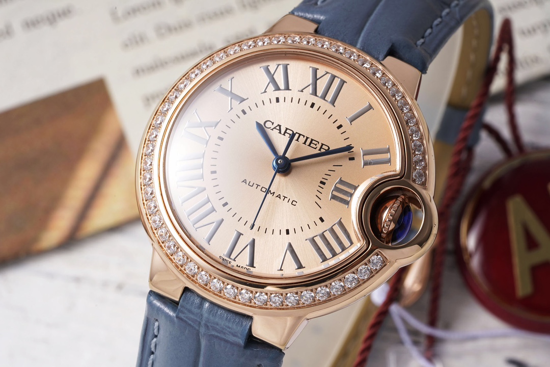 AF Factory Ballon Bleu Watch 33mm Rose Gold Diamond Case Rose Gold Dial Blue Leather Strap