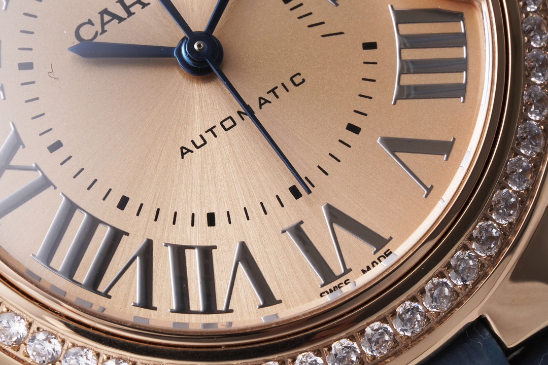 AF Factory Ballon Bleu Watch 33mm Rose Gold Diamond Case Rose Gold Dial Blue Leather Strap